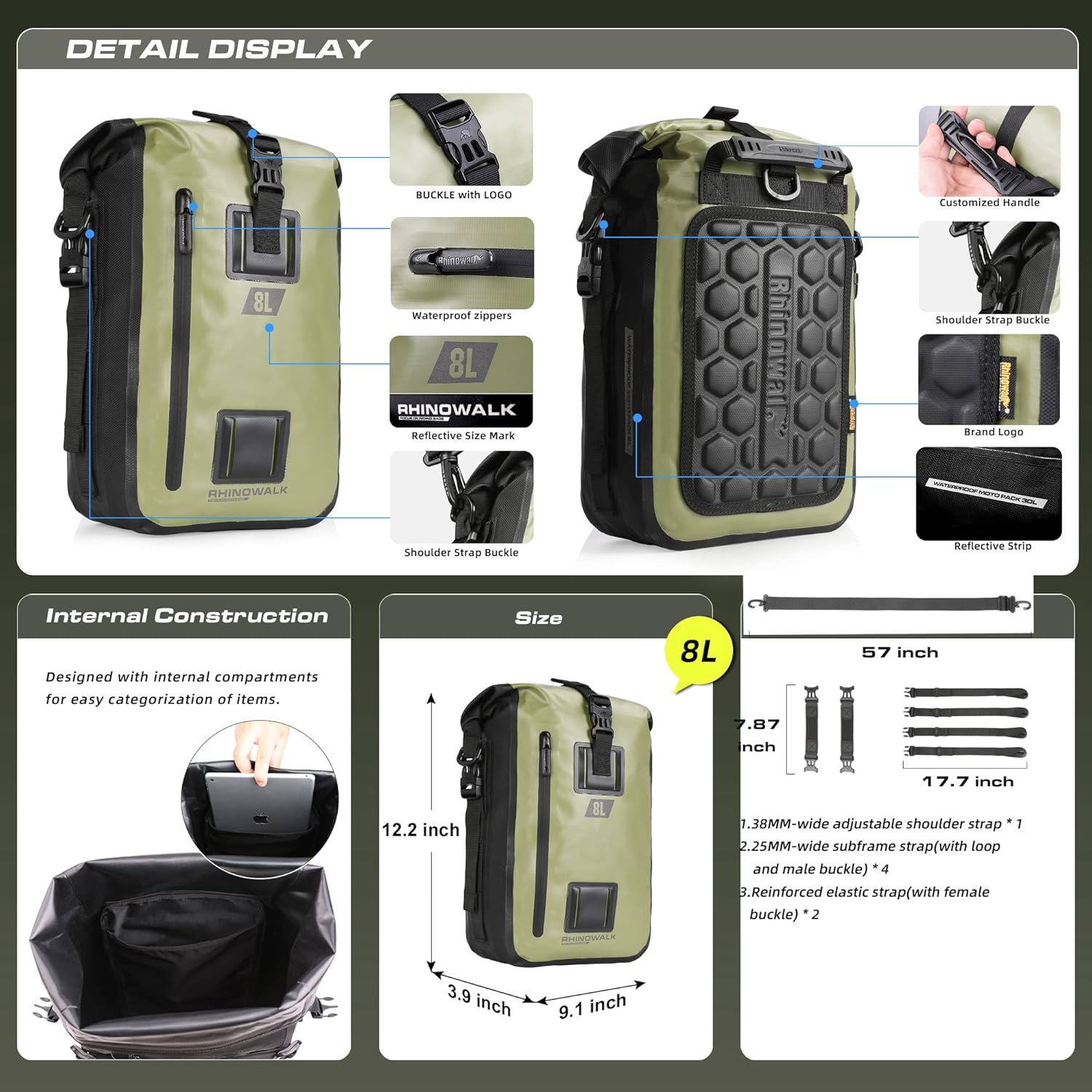 Motorcycle Tail Bag, Rear Seat Bag, Backpack, Luggage - Rhinowalk Multifunctional Waterproof Rear Rack Trunk Seat Bag, Army Green 8L image number 2