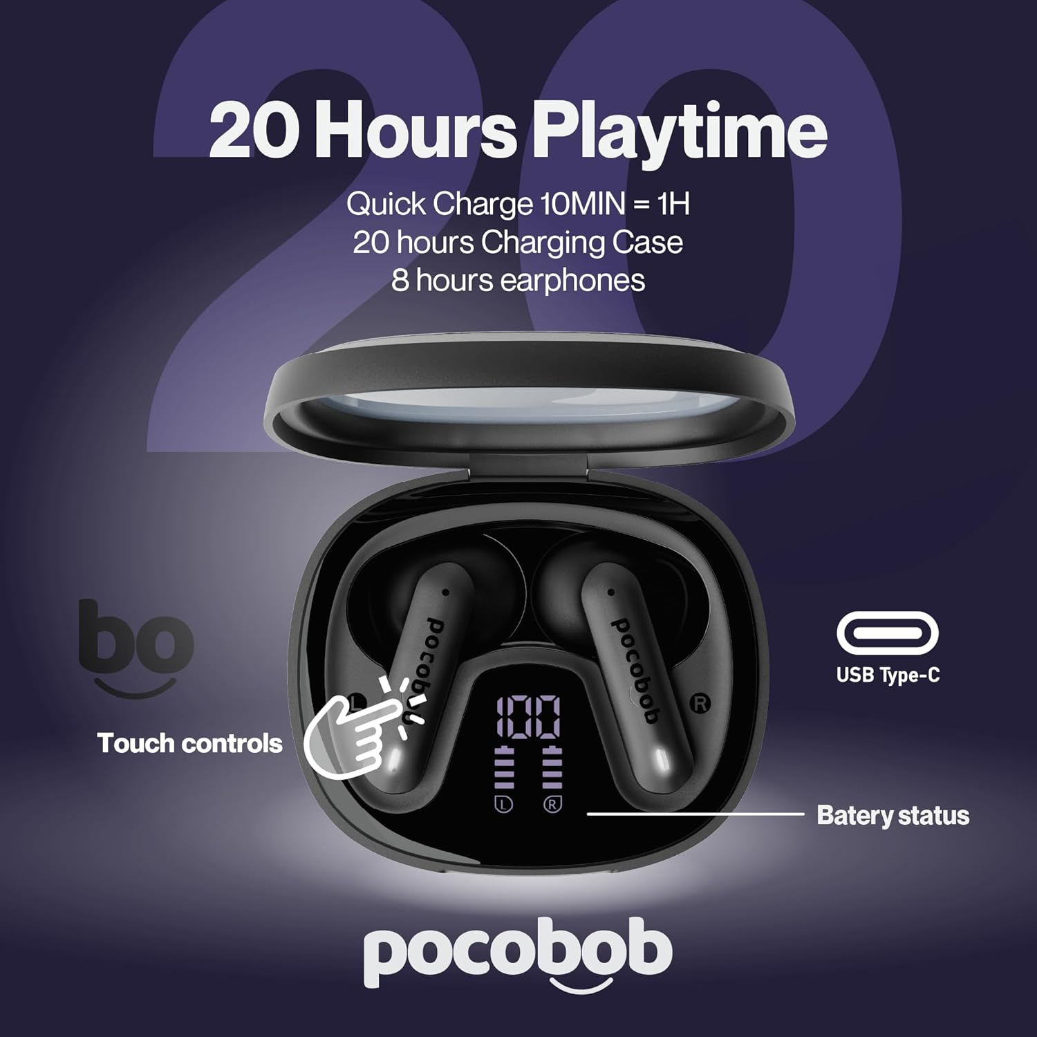 Pocobob 8 Bluetooth 5.3 In-Ear Headphones with Microphone, ENC, App Control, 32 Hours Battery, Touch, USB-C, IPX4 Water Protection - True Wireless Earbuds - Black image number 5