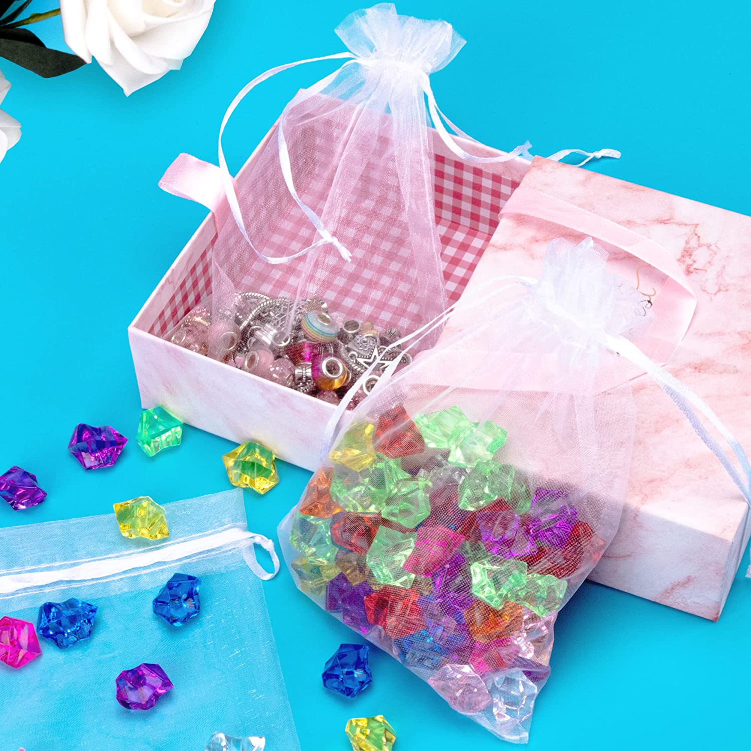 YUNAI 50PCS 13X18Cm Sheer Small Drawstring Organza Gift Bags for Christmas, Wedding and Packaging. image number 3