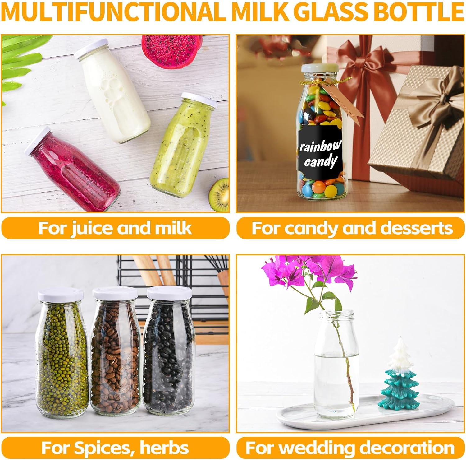 V&middot;Colokishi 6Pcs 250Ml Glass Milk Bottles with Lids, Mini Milk Bottles, Glass Straws, Labels and Whiteboard Pen for Beverages, Weddings Decoration image number 3