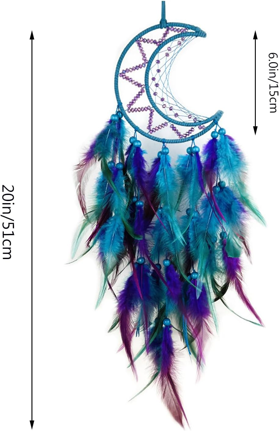 Moon Dream Catcher Handmade Feather Wood Beads Wall Hanging Decor - Blue Purple Bohemian Ornament for Kids Bedroom Home Decoration - Art Craft Gift image number 6