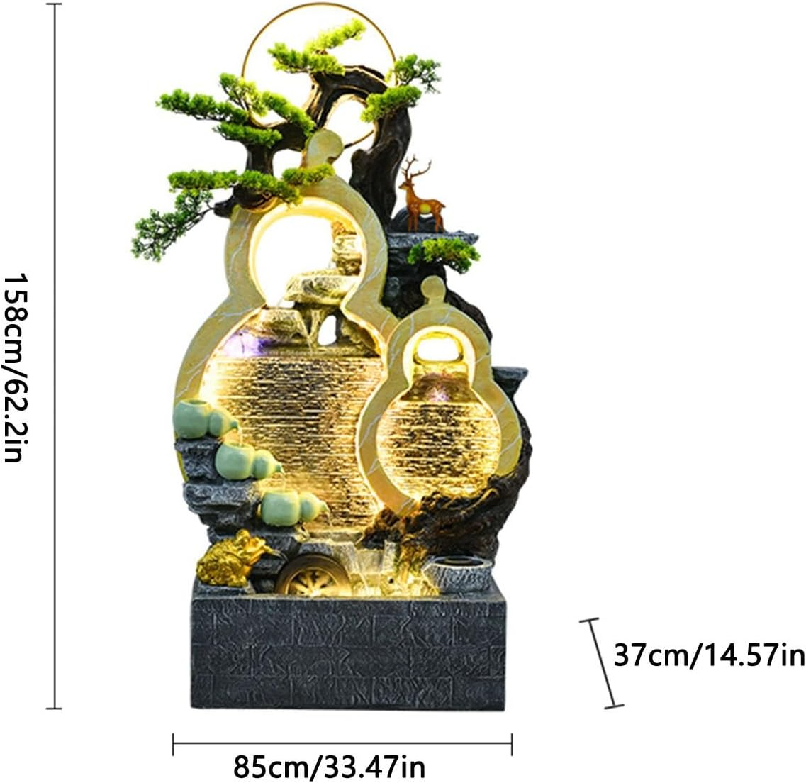 Outdoor Fountain Floor Standing Gourd Water Fountain, Indoor Freestanding with Mist, LED Lights and Simulated Greenery, Feng Shui Office Home Decor for Good Luck Wealth(Black) - White image number 7