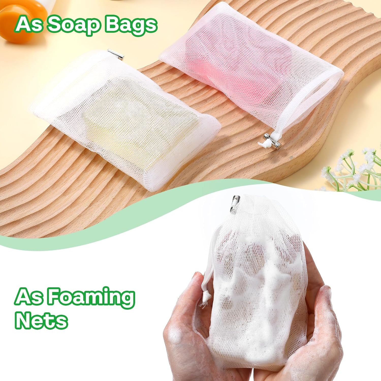 6 PCS Exfoliating Mesh Soap Pouch Soft Soap Bag with Drawstring for Shower Double Layer Thicken Foam Net Bubble Foam Net Soap Sack Saver Pouch, White image number 5