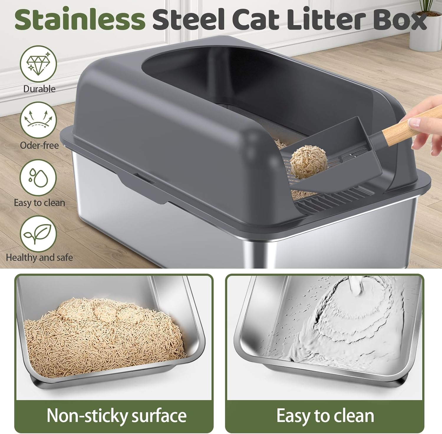 Gimars XL Stainless Steel Cat Litter Box, Large Stainless Steel Cat Litter Tray, 20L Metal Litter Tray with Litter Scoop & Pedal, Good for Large Medium Cats image number 3