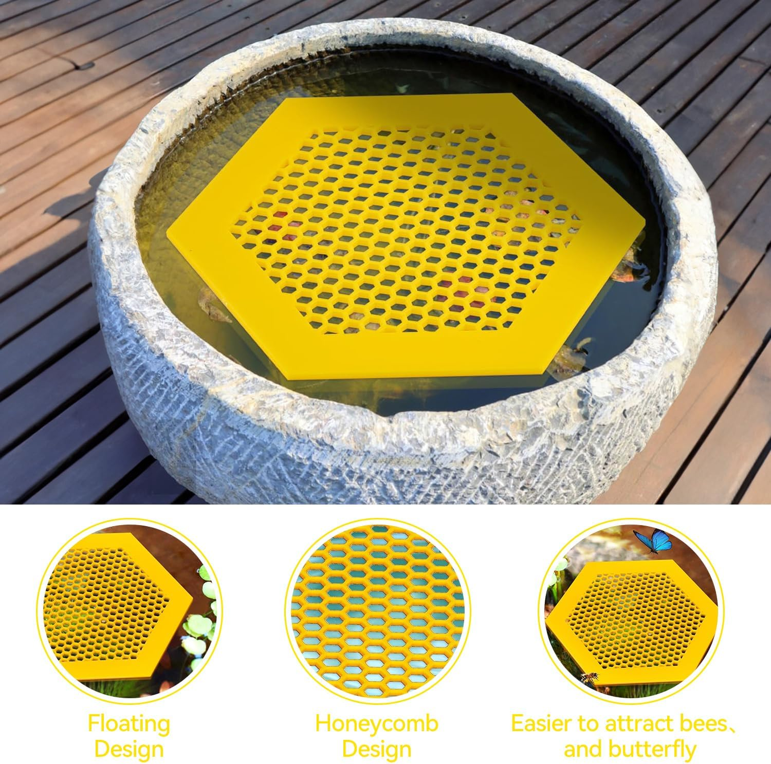 1 Pack Large Floating Bee Island for Driking Floatable Bee Waterer Bee Feeder with Beehive Design, Floating Watering Station for Feeding for Outdoor Garden (Yellow) image number 2