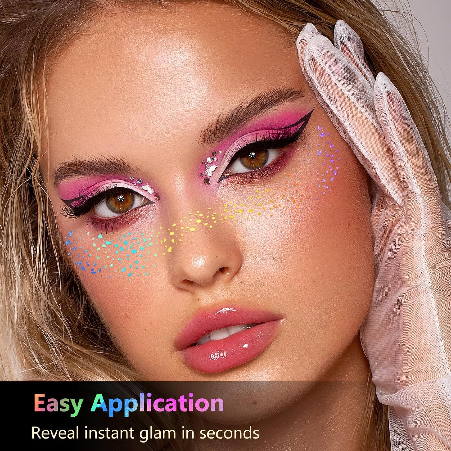 12Pcs Face Glitter Freckles, Face Glitter Fake Freckles Sticker, Gold Sliver Holographic Multichrome Waterproof Sparkle Freckles Makeup Patches for Women Rave Festival Accessories Party Prom image number 6