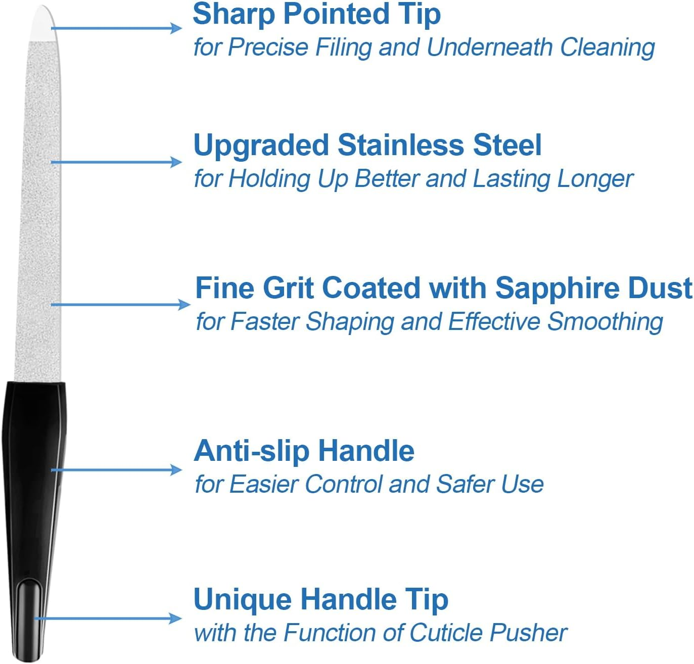 Fingernail Files (6 Pack), Metal Nail Files for Natural Nails Stainless Steel 6 Inch Nail File with Sharp Pointed Tip Non Slip Handle, Finger Nail Filers for Women Sapphire Grit Sword Diamond Black