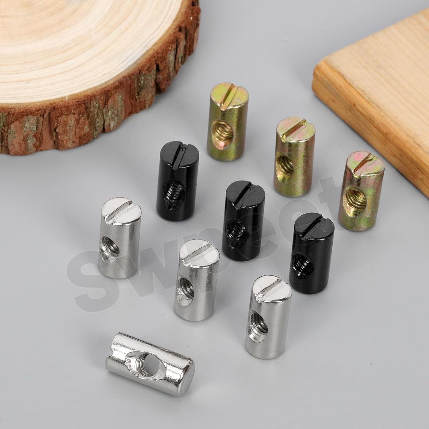 Swpeet 40Pcs Metric M6&times;20Mm Nickel Plated Barrel Nuts Kit,Cross Dowels Slotted Nut, Furniture Nuts Embedded Nut for Beds Crib Chairs Hardware Replacement image number 6