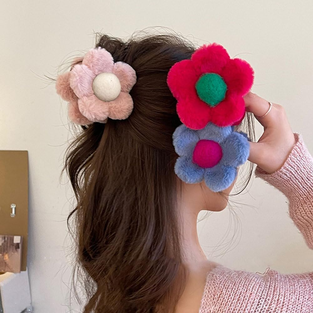 Set of 6 Cute Plush Flower Hair Clips Set, Colour Flower Hair Clips Cute Kawaii Flower Hair Clip Vintage Elegant Plush Floral Claw Clip Flowers Hair Clips for Women Girls Hair Accessories image number 5