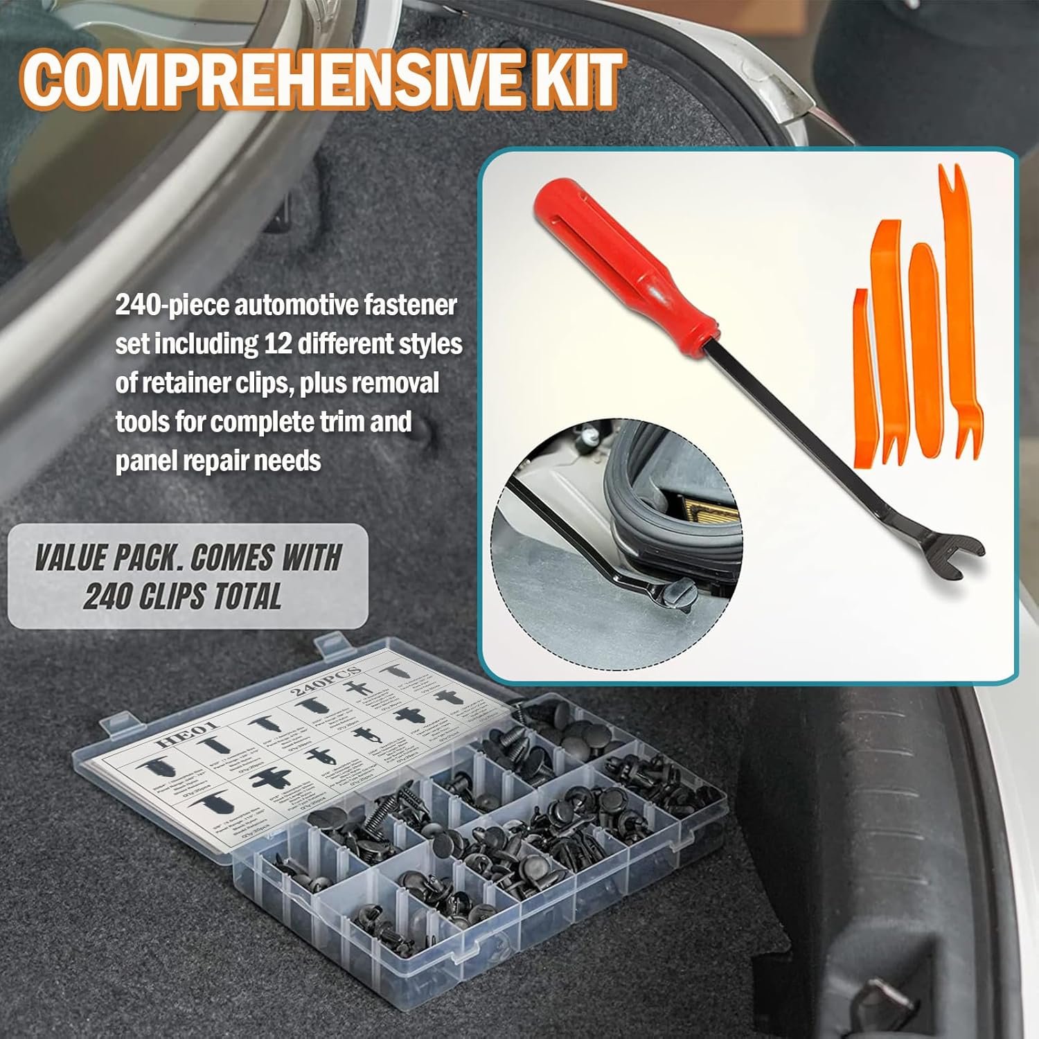 240-Piece Automotive Trim Clips Set, Push Retainer Fasteners Kit with Removal Tools, Universal Car Body Panel Clips image number 1
