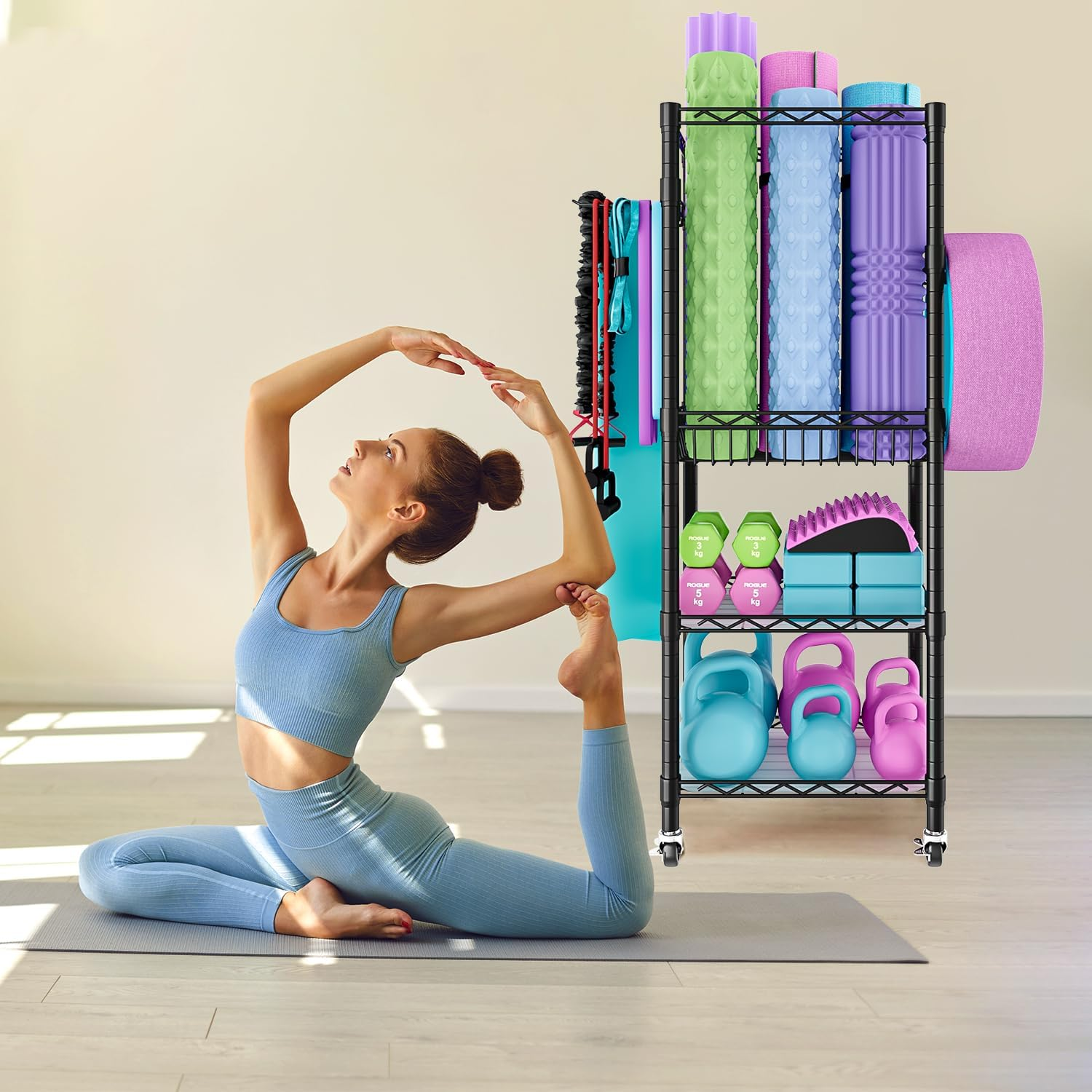 Oscrobie Dumbbell Rack, Home Gym Storage, Yoga Mat Storage Rack, Gym Storage Rack with Wheels and Hooks for Small Space image number 2