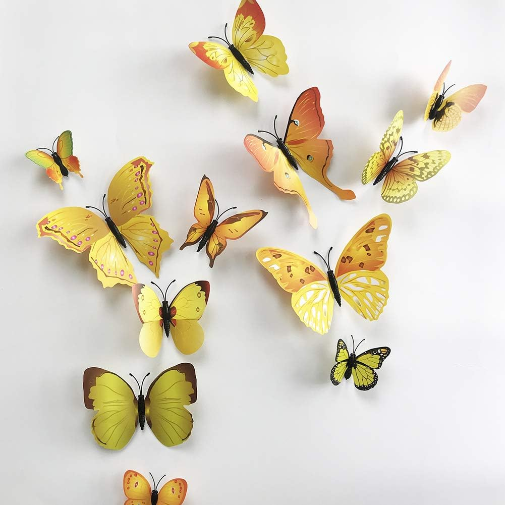 36Pcs 3D Colorful Butterfly Wall Stickers DIY Art Decor Crafts for Party Nursery Classroom Offices Kids Girl Boy Baby Bedroom Bathroom Living Room Magnets and Glue Sticker Set (Yellow-Single Wing) image number 1