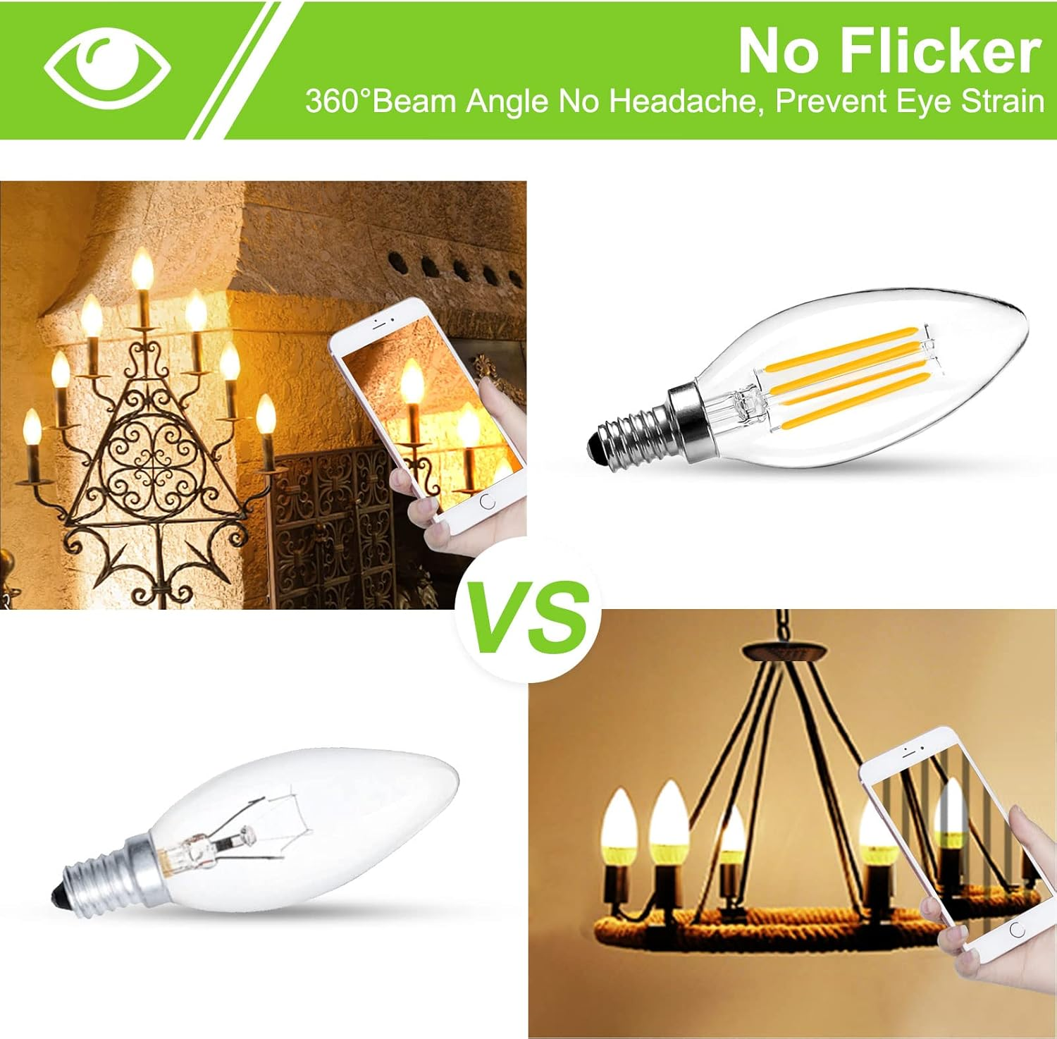 ROMANJOY 4W LED Candle Bulbs, 2700K Warm White Dimmable E14 LED Bulb, 40W Equivalent Small Edison Bulb, C35 LED Filament Bulb for Chandelier Ceiling Fan Lights, 5 Pack