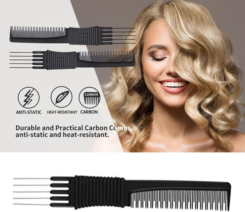Black Carbon Lift Teasing Combs with Metal Prong, Salon Teasing Back Combs, Lifting Fluffing Comb with 5 Stainless Steel Pins