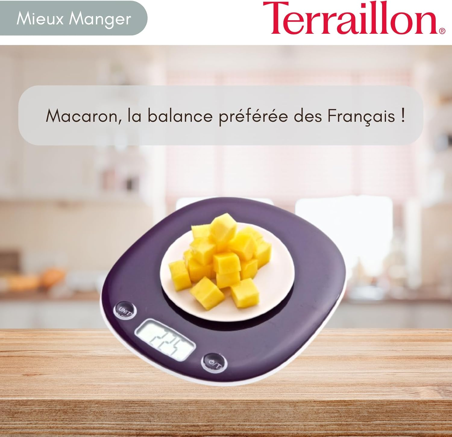 TERRAILLON Electronic Kitchen Scales - Tare Liquid Conversion, Integrated Handle, Weighing Range 5Kg, Accuracy 1G - Model 'Macaron INOX' Plum image number 6