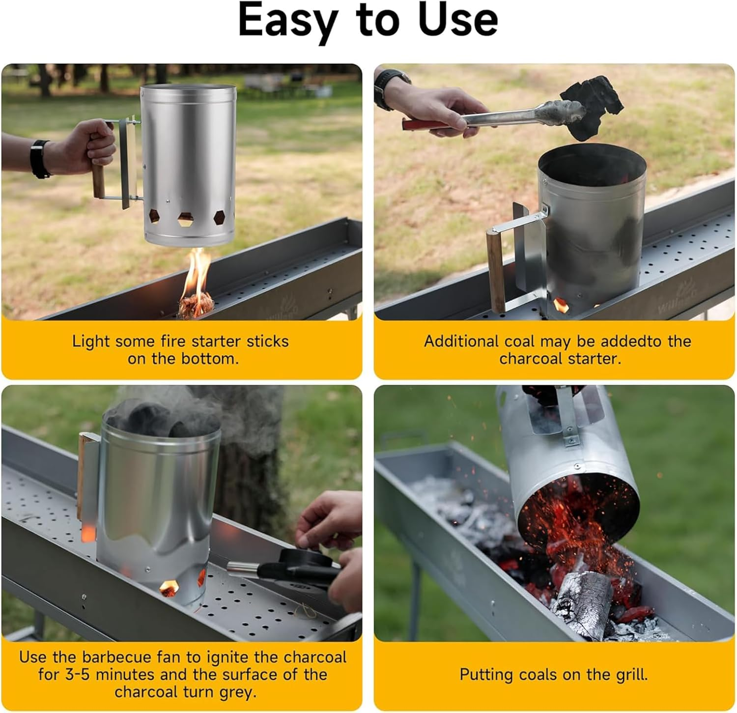 Zalizr Charcoal Igniter with Clamp Set, Portable Chimney Starter for Charcoal Grills and Barbecues, Chimney Lighter Basket for Outdoor Camping and Cooking (Silver, Wooden Handle) image number 1