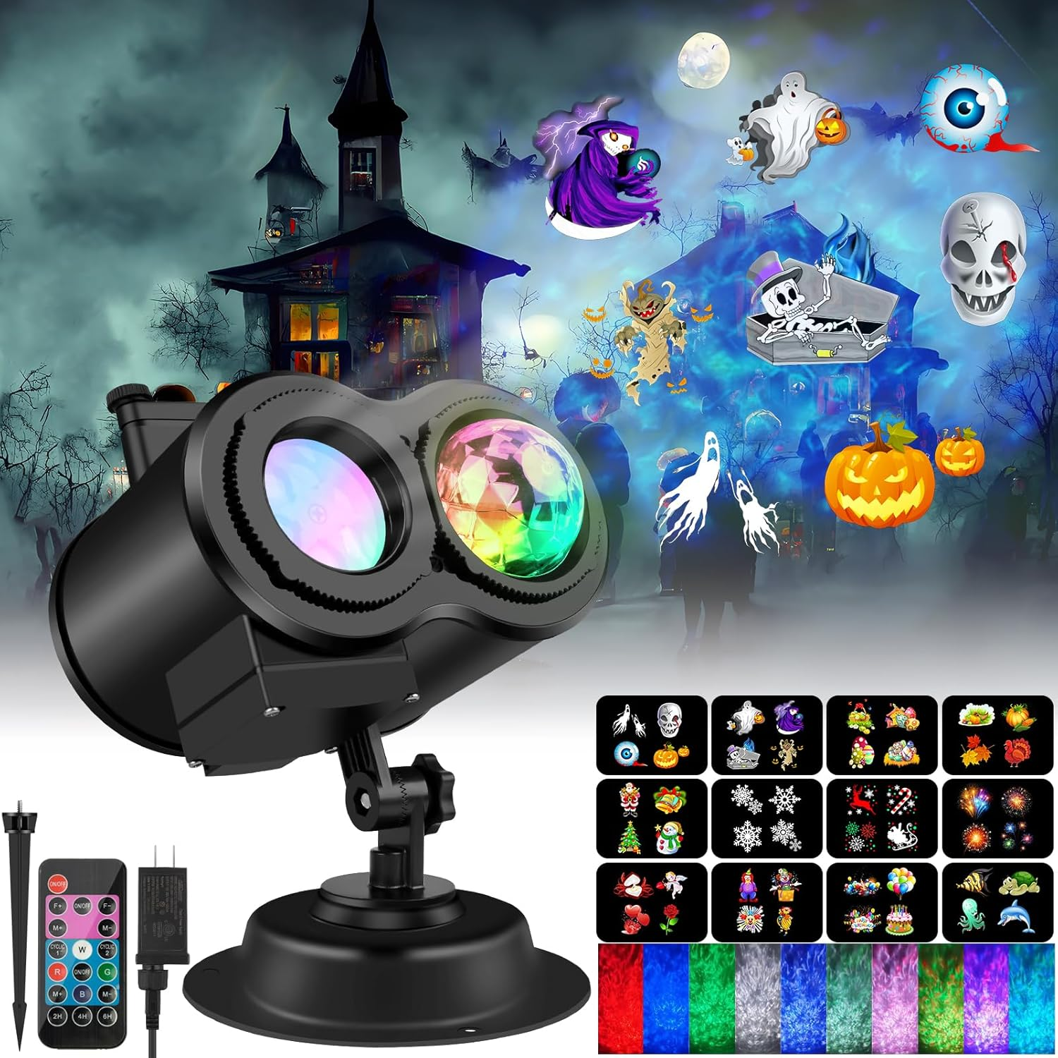 Christmas Projector Lights Outdoor, Ocean Wave Waterproof Holiday Projector Lights, 12 Slides & 10 Colors Halloween Lights Projector with Remote for Thanksgiving Birthday Party Decorations