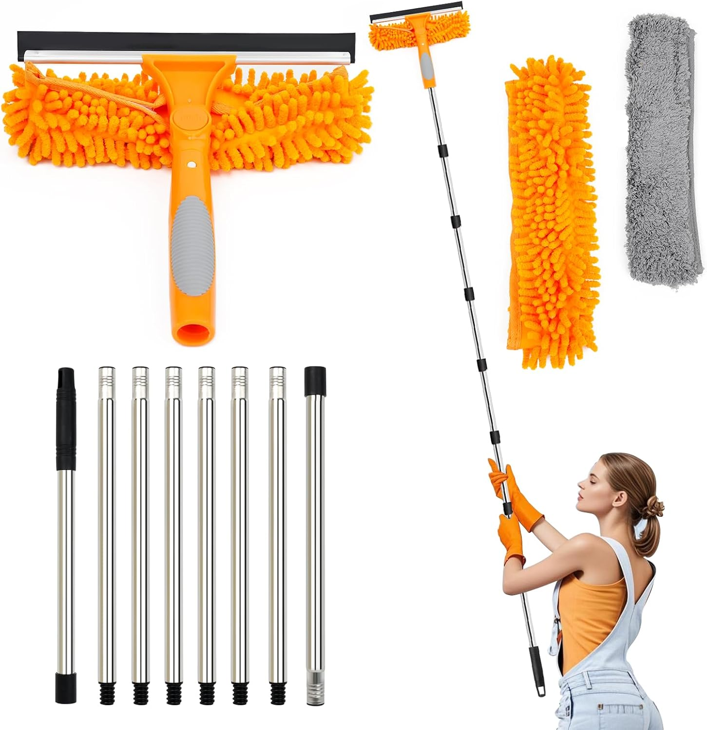 Lapluied 4M/157" Long Reach Window Cleaning Equipment, 3 in 1 Telescopic Window Cleaner, 270&deg; Rotating Squeegee Window Cleaning Kit with 10 Extendable Pole for Indoor/Outdoor High Window,Orange