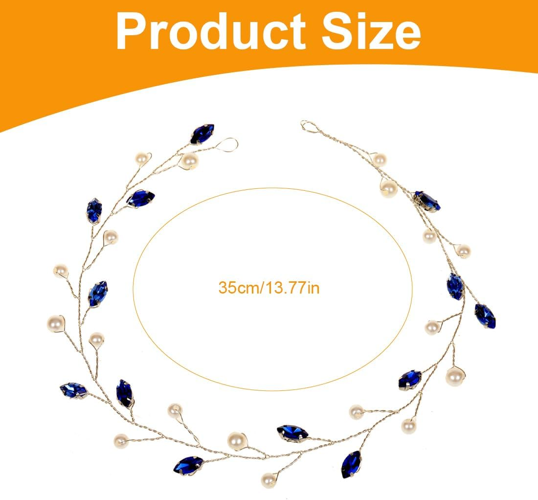 LQIOACU Headpiece Wedding Blue Headpiece Bridal Hair Vine Crystal Headband Sparly Leaf Hair Vine Part Prom Hair Accessories for Bridesmaid and Flower Girls image number 2