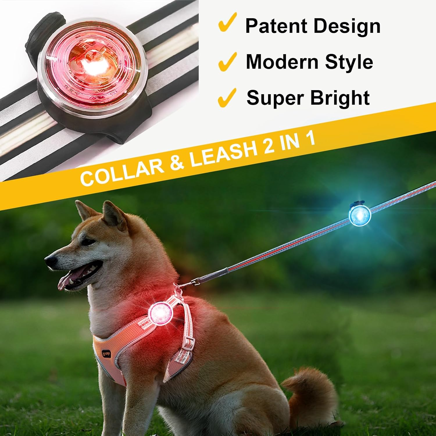 Tubasion 2-Pack Dog Lights for Night Walking, Upgraded 8 Modes Rechargeable Dog Collar Lights for Nighttime Clip On, IP66 Waterproof and Silicon Band Safety Lights for Dog Collars image number 6