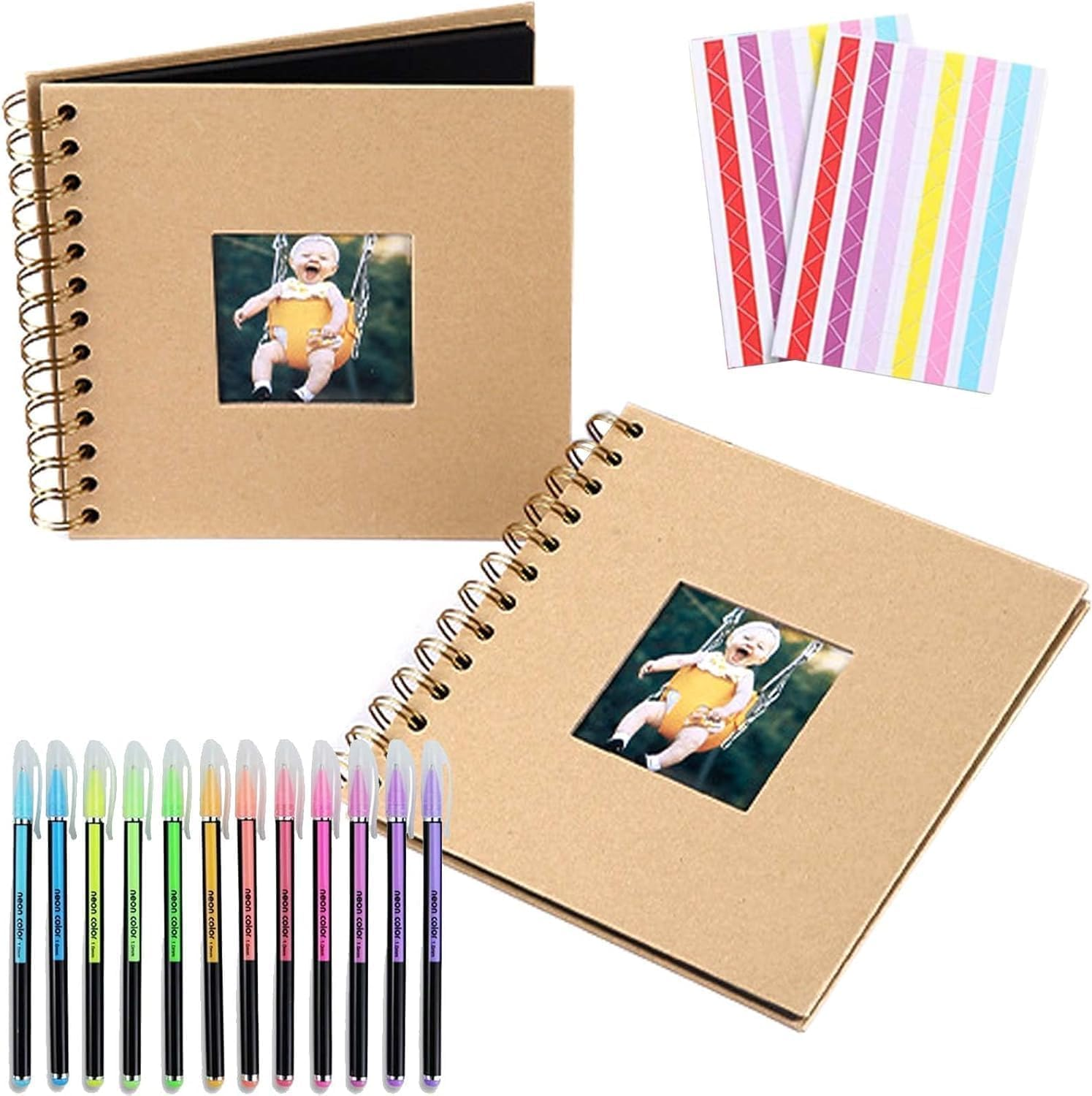 2 Pack Scrapbook Photo Album, 230Gsm Black Square Scrap Book with Colored Pencil and Corner Sticker - Ideal for Kids Adullts Baby Scrapbooking Arts Crafts Travel Adventure Couples DIY