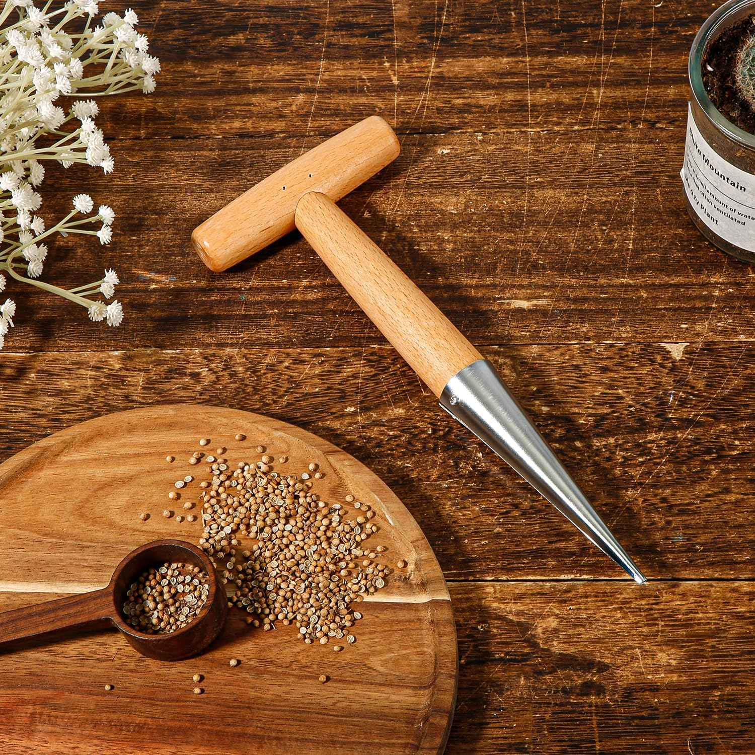 XIHIRCD Hand Dibber with Wooden Handle, Dibbler Gardening Tool Stainless Steel Head Hole Punch Hand Held Bulb Planter Solid Garden Sow Dibbler for Planting Seeds Flowers Tulips Daffodils Dahlias image number 3