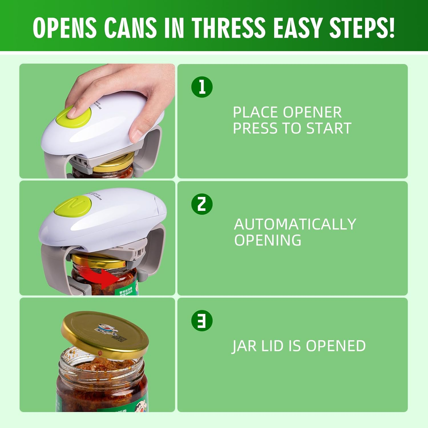 YUET Electric Jar Opener - Portable, Strong, and Hands-Free Automatic Opener for New Sealed Jars - Kitchen Gadget Tool with Large Push Button and Sharp Edge-Free Design (White) - White image number 3