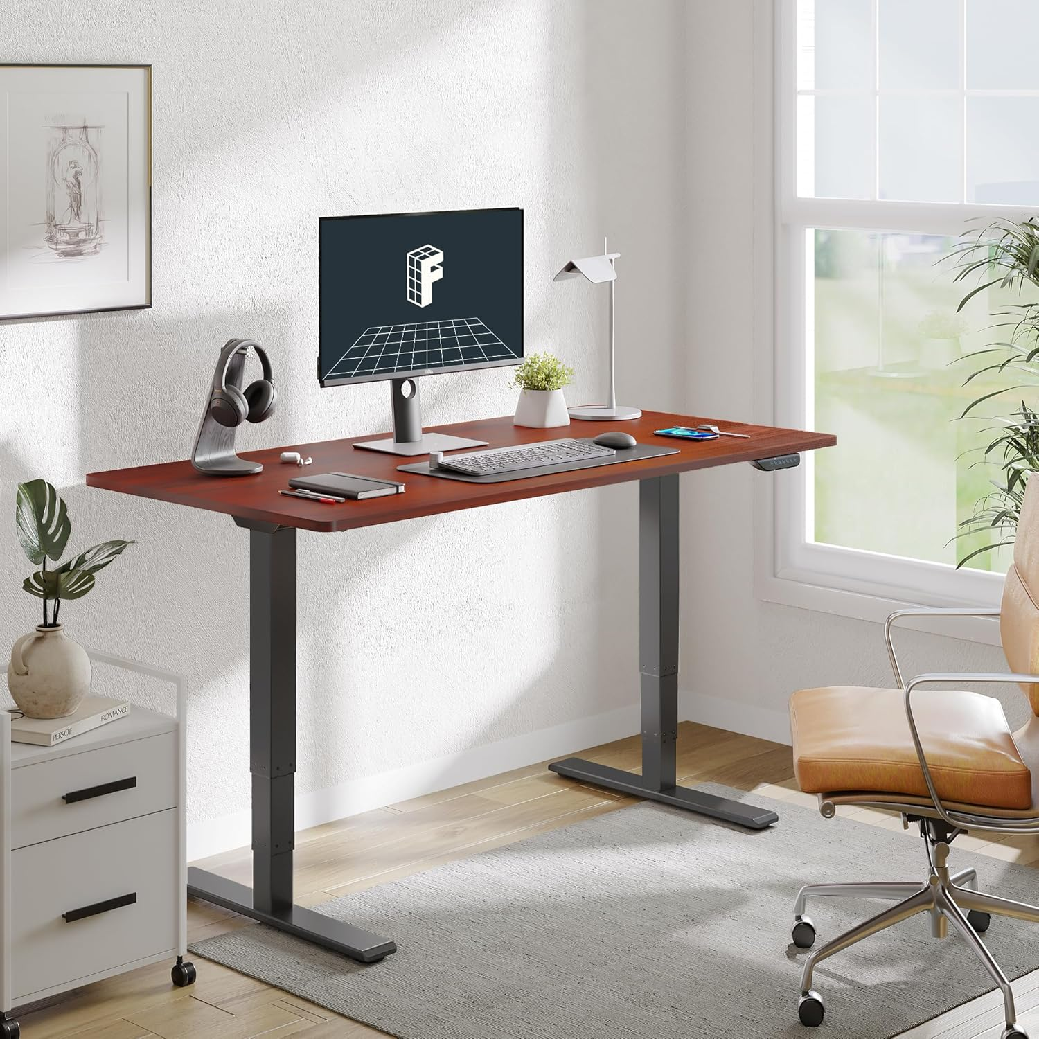FLEXISPOT E6 Dual Motor 3 Stages Standing Desk 120X60 Cm Whole-Piece Board Height Adjustable Desk Electric Stand up Desk Sit Stand Desk(Black Frame + Mahogany Desktop) image number 5