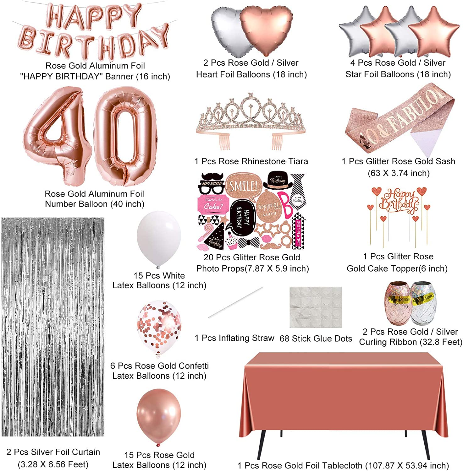 Rose Gold 40Th Birthday Decorations for Women, Party Supplies Including Happy Balloons, Fringe Curtain, Tablecloth, Photo Props, Foil Balloons, Sash and Tiara image number 2