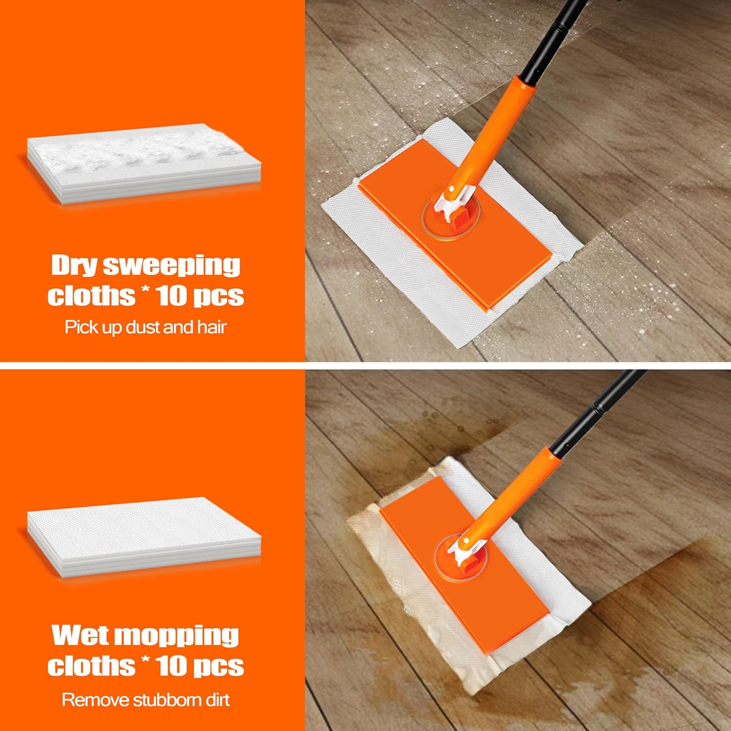 JEHONN Sweeper Mop Compatible with Swiffer Pads, 2-In-1 Starter Kit for Multi Surface Cleaning, Disposable Floor Duster, 10 Dry Sweeping Cloths, 10 Wet Mopping Refills for Kitchen Wall Window image number 2