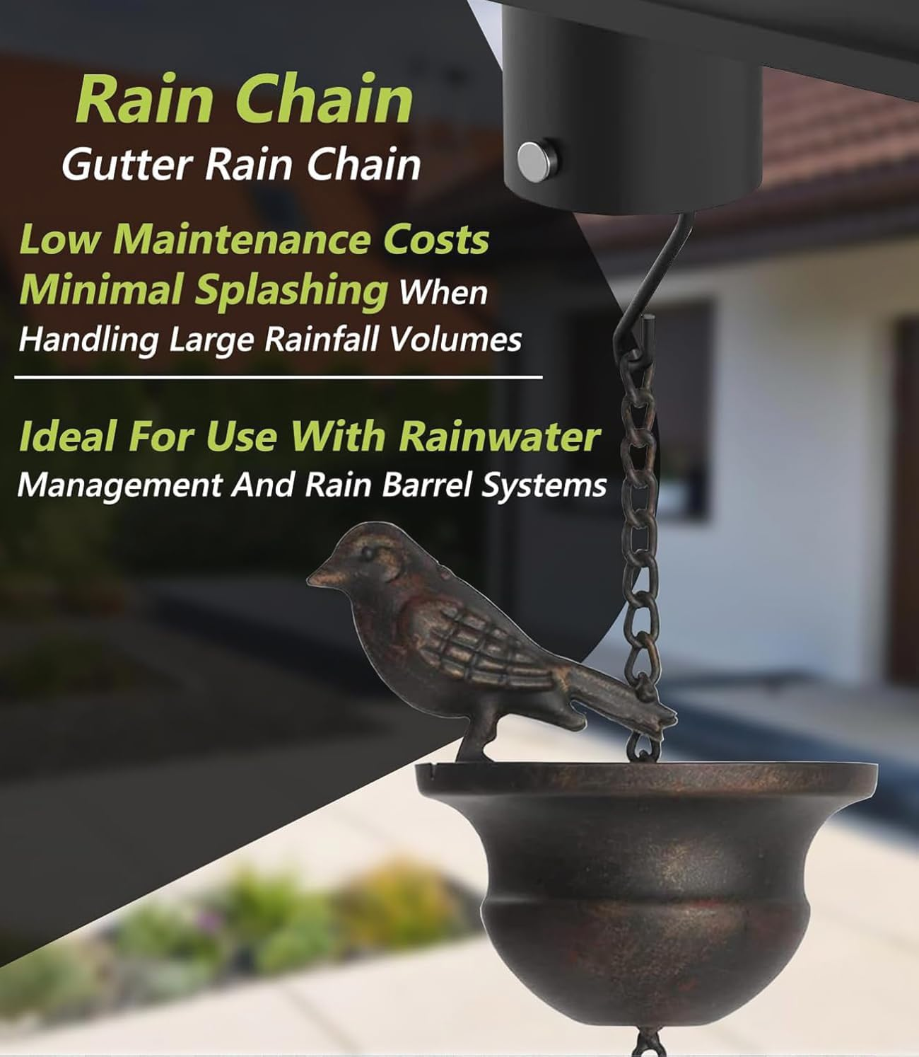 2.4 Meter Birds on Cup Mobile Rain Chain, Metal Rain Chain Bell with 8 Cups, Decorative Rain Catcher Chain Replacement Downspout for Gutters image number 5