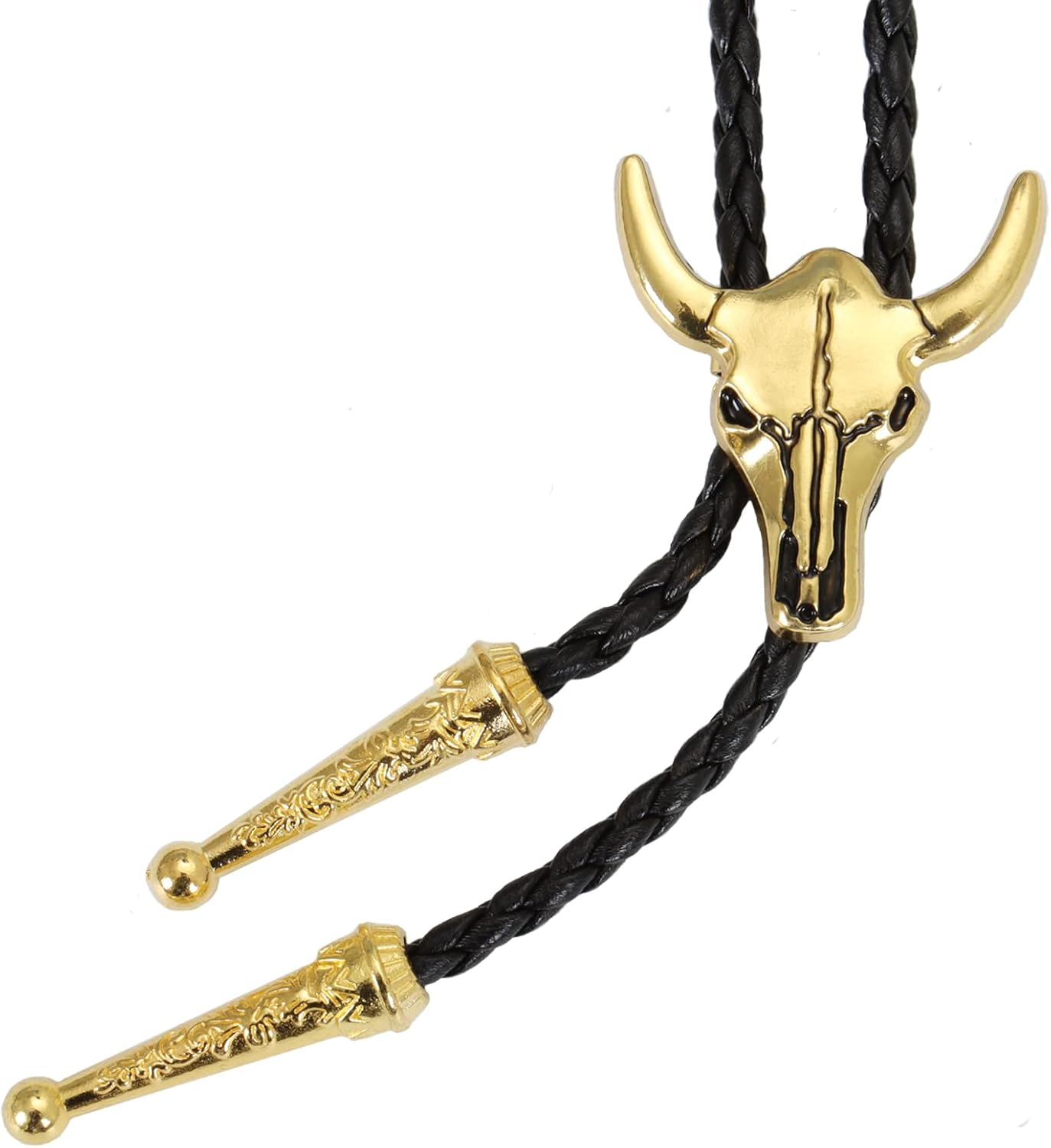 Western Vintage Bolo Tie for Men - Cow Skull Design Cowboy Tie - Black Leather Bolo Necktie Necklace