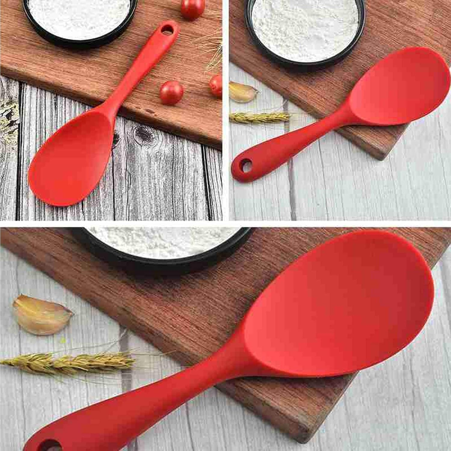 Silicone Rice Paddle Spoon Set of 2,Non Stick Heat Resistant to 446&deg;F Strong Steel Core,Kitchen Gadget,Dishwasher Safe,Works for Rice,Mashed Potato or More (Red) - Red image number 6