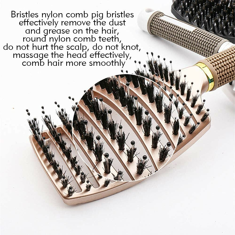 Women Men Detangling Nylon Boar Bristle Brush Hairbrush Head Scalp Massage Comb (Black) (Black) - Black image number 6