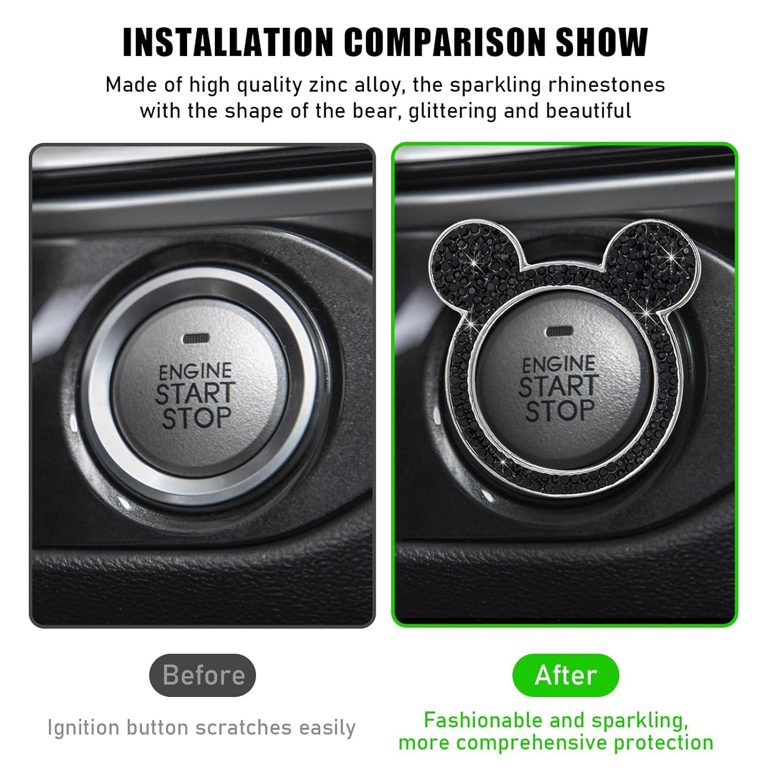 Augeny Bling Car Engine Start Button Cover, Rhinestone Key Ignition Knob Ring, Sparkling Push to Start Button Sticker for Women, Universal Car Accessories for Interior Decoration (1PC, Black) image number 3