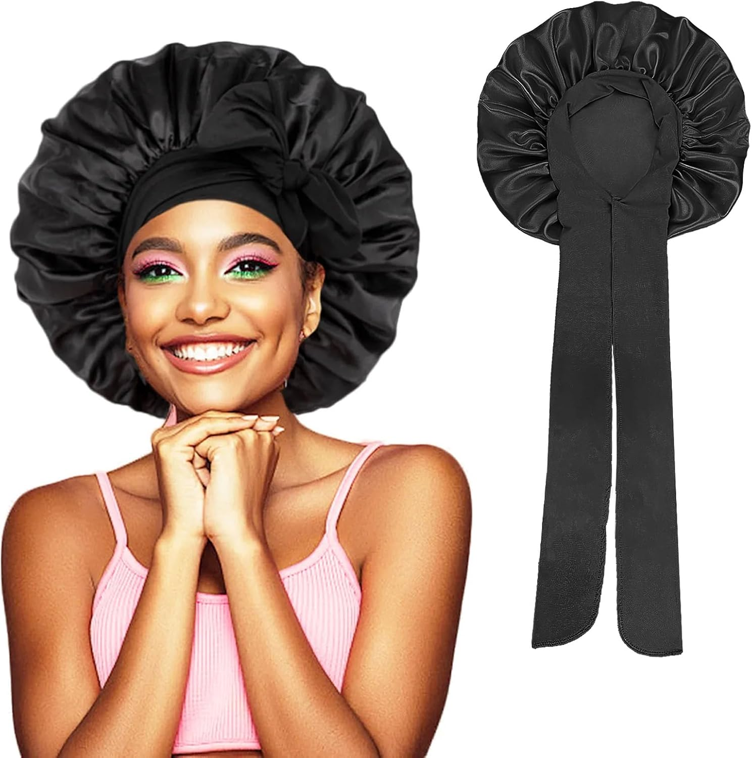 Mniimaluxe Sleep Cap Hair Protection, Silk Hood for Sleeping, Satin Sleep Cap, Bonnet Sleep Cap, Curl Hood, Black, M image number 3