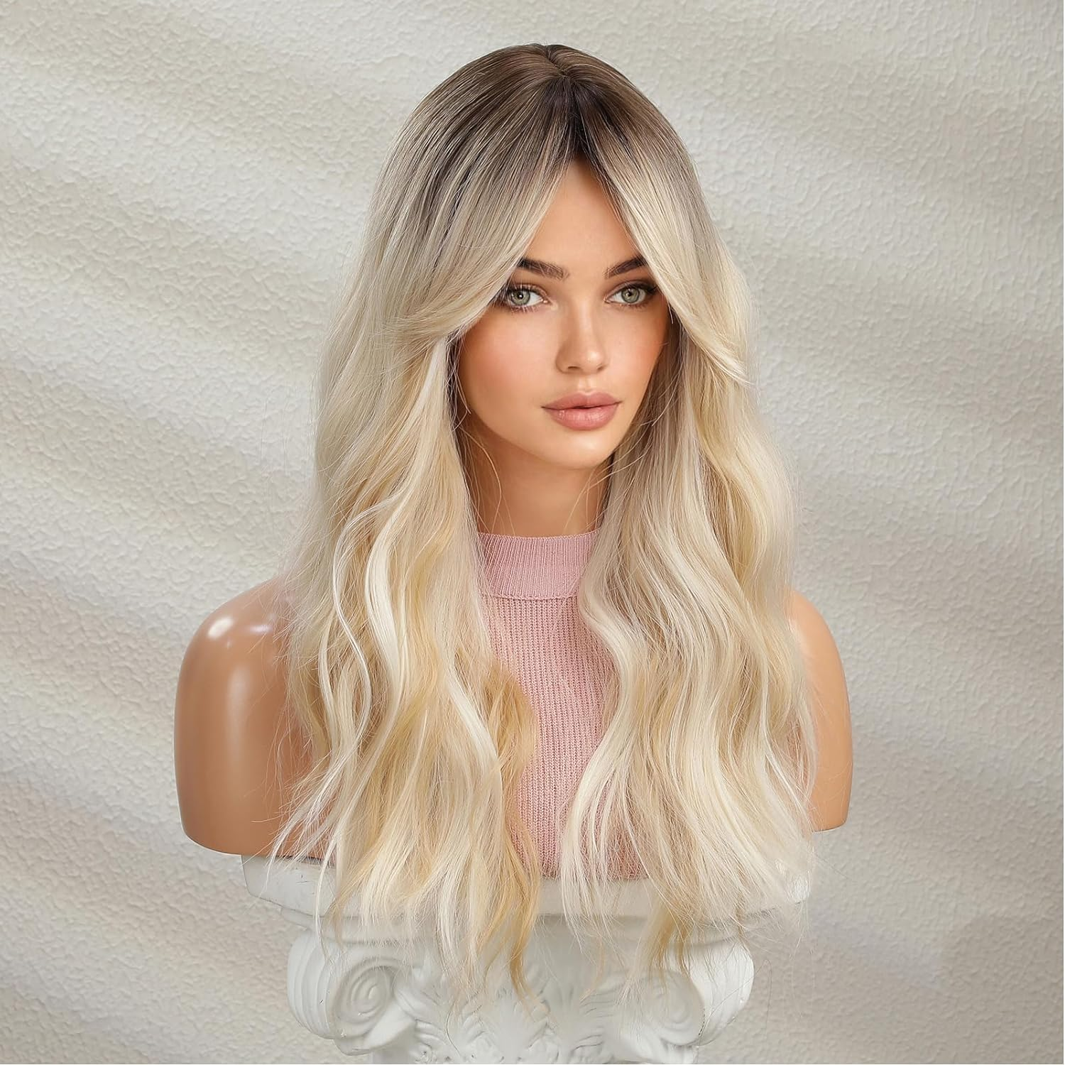 Long Ombre Blonde Wavy Wig for Women 24 Inch Middle Part Curly Wavy Wig Natural Looking Synthetic Heat Resistant Fiber Wig for Daily Party Use (Ombre Blonde) image number 4