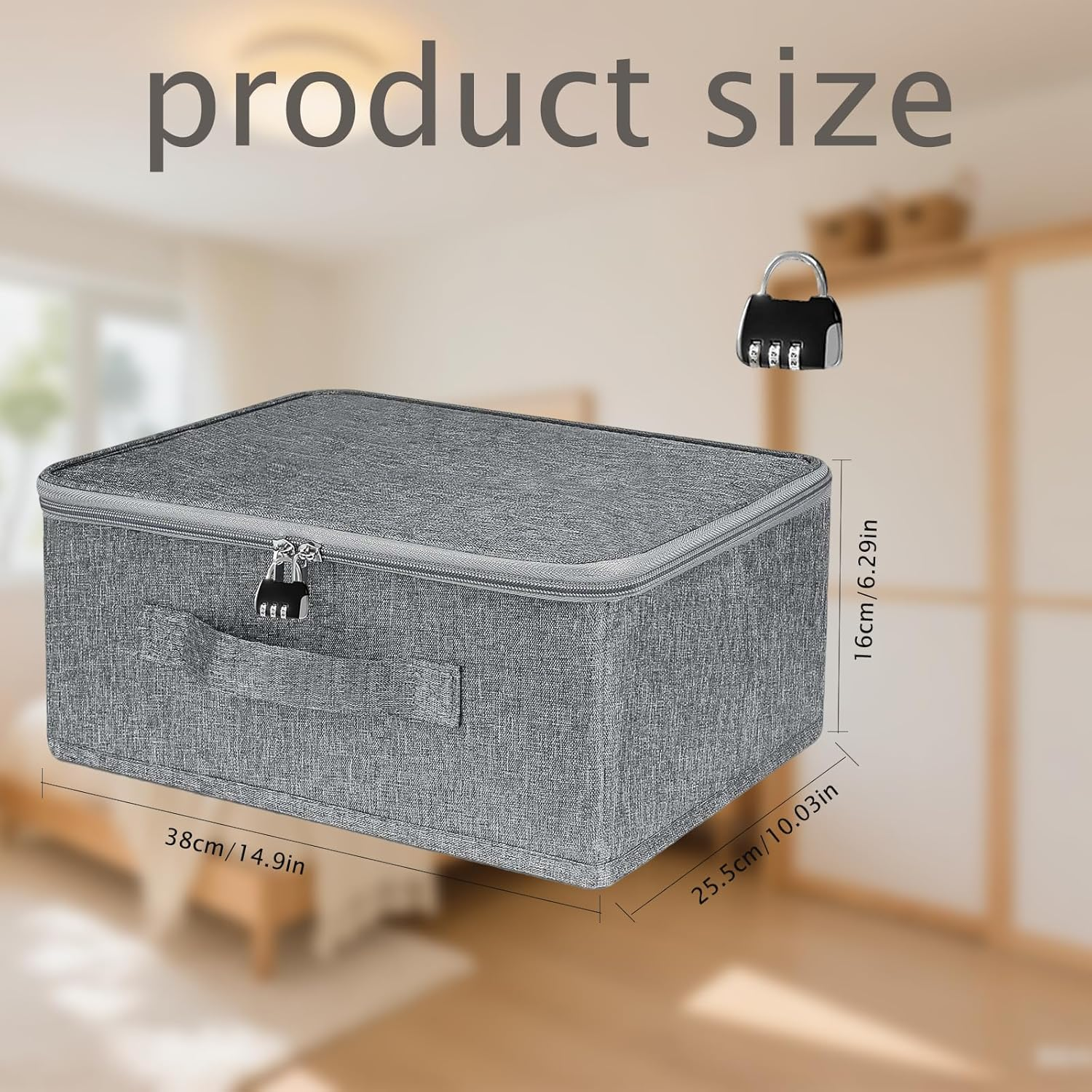 Euky Place Lockable Storage Box of Discreet Utility, Middle Gray Lock Box with Zipper and Handle, for Private Toys, Files Documents, Cards, Cash Accessories Foldable Fabric Clothing(38*25.5*16Cm) image number 2