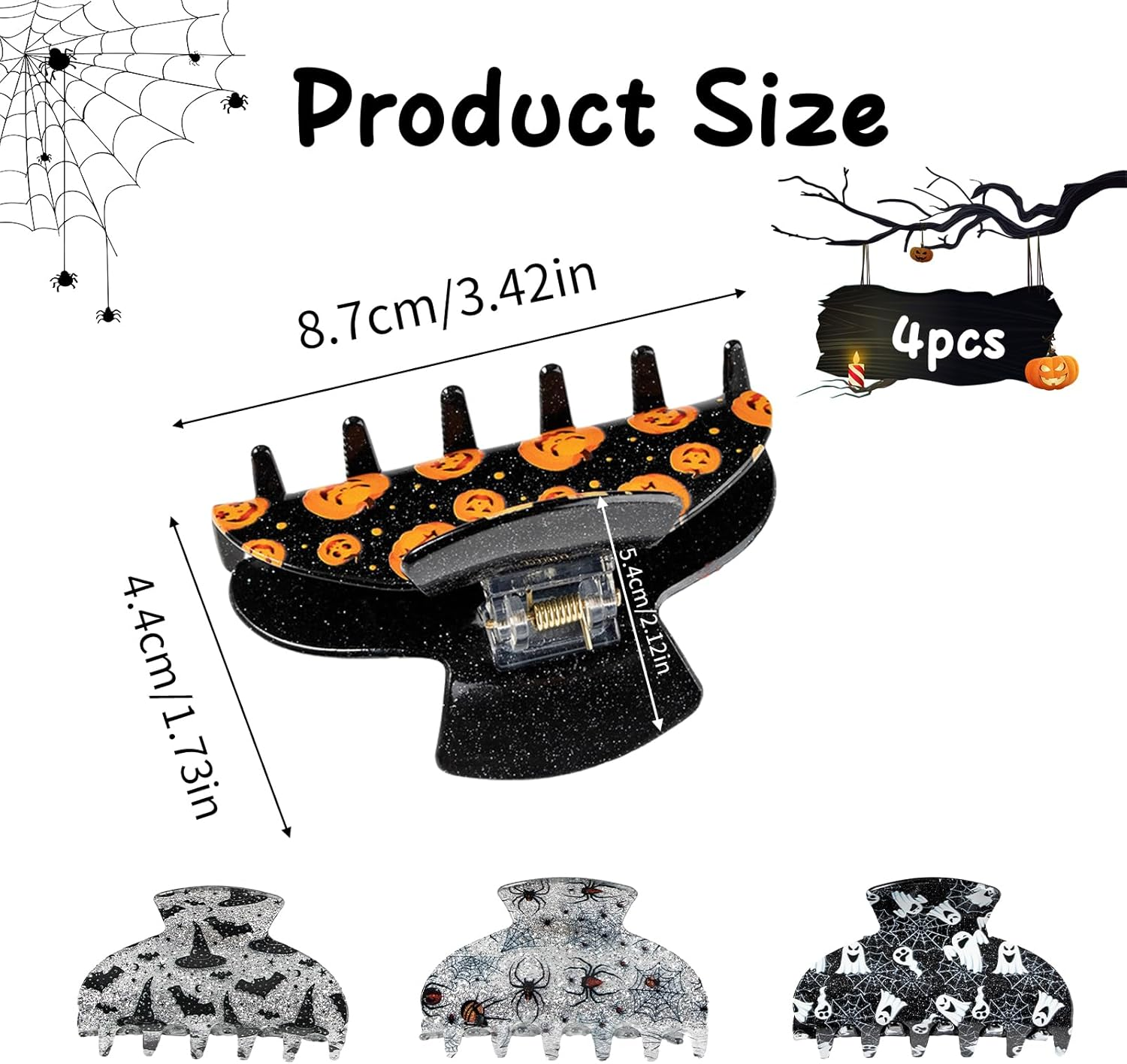 4 Pcs Halloween Hair Clips, Bat Hair Clip Ghost Hair Clips Spider Web Hair Clip Halloween Pumpkin Hair Clip Acrylic Ponytail Hairpin, Halloween Hairpin Set, Hair Accessories for Women and Girls