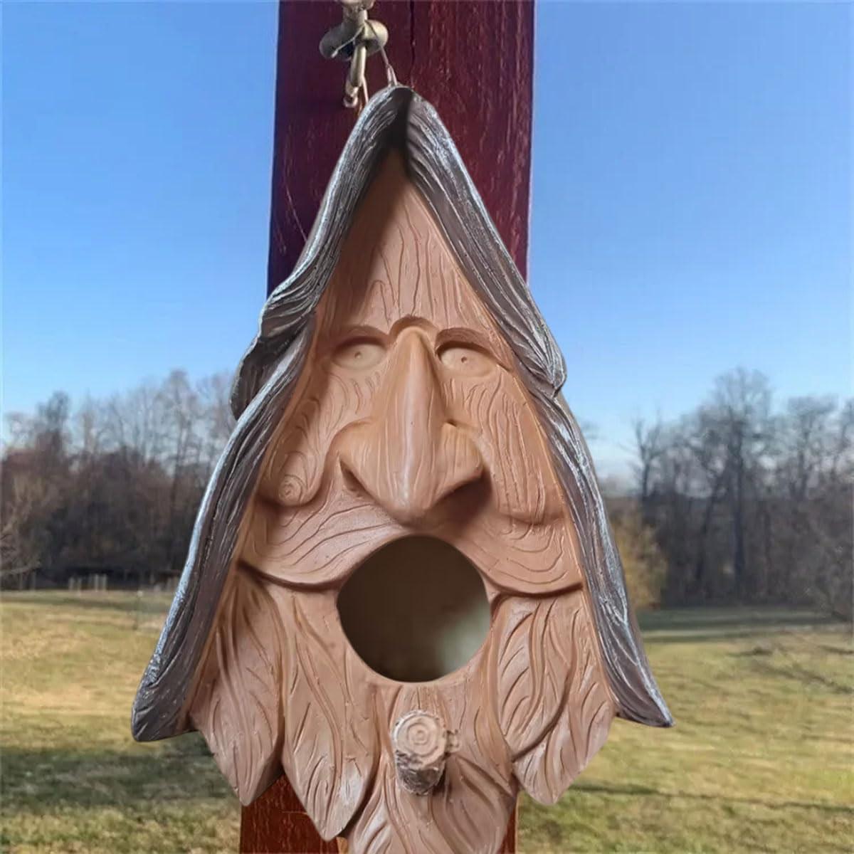 AIMALL 10.23 Inch Resin Birdhouse, Unique Face Design, Decorative Art, Hanging Bird Nest for Courtyard and Garden Decor image number 5