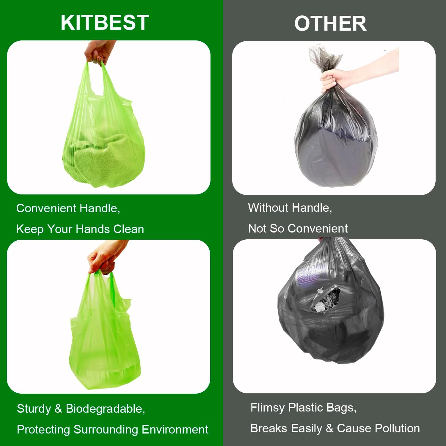 Kitbest Biodegradable Bin Bags Liners 120PCS, 10L Small Food Waste Bags Trash Bags with Handle, Green Caddy Liner Pedal, Compostable Swing Garbage Bags Bathroom Office Toilet Kitchen (45X59Cm) - Green 20L image number 3