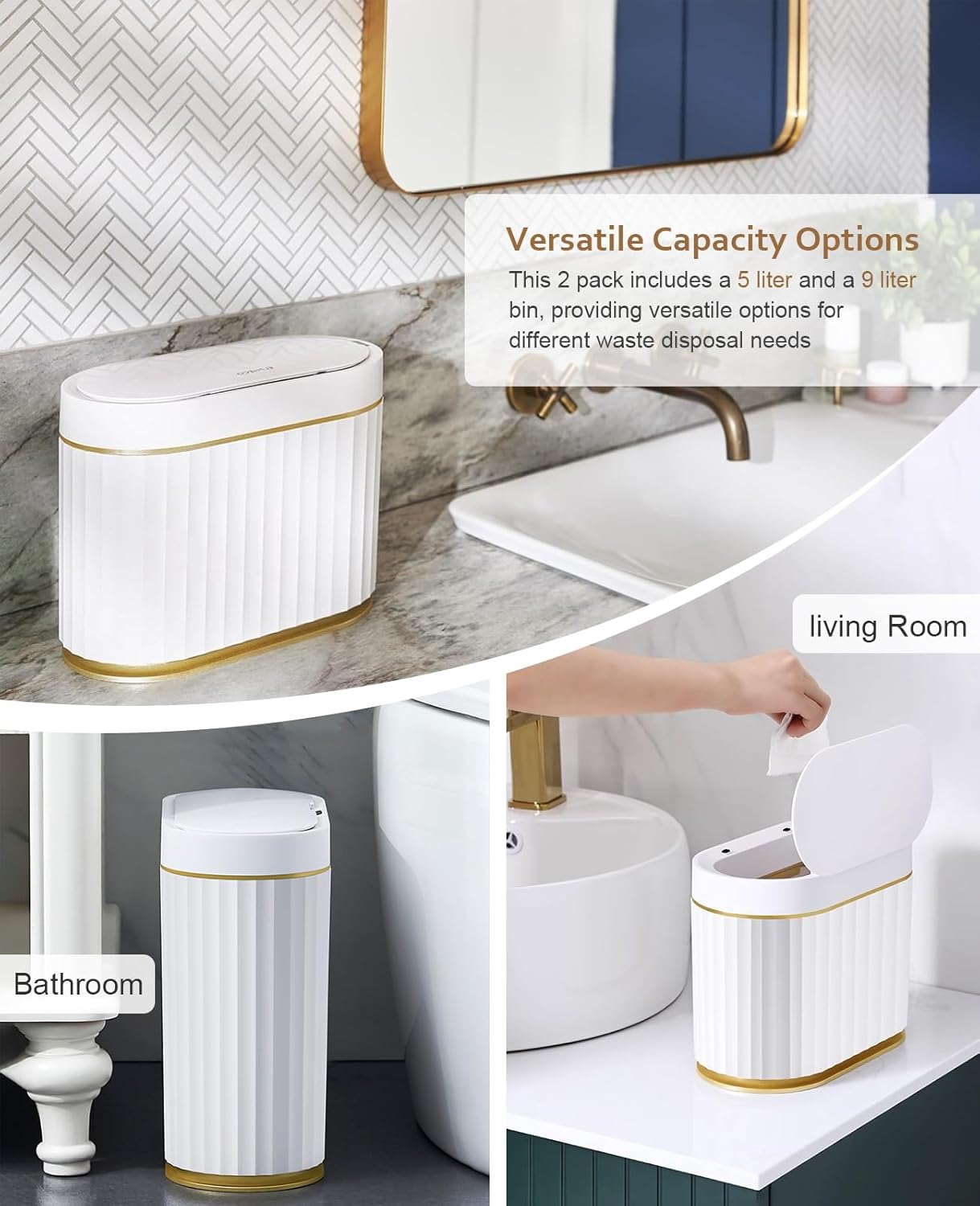 Aupekro Smart Trash Bin with Lid, 2 Pack Slim Automatic Garbage Can, Waterproof Plastic Rubbish Bin Narrow Motion Sensor Wastebasket for Bathroom, Bedroom, Living Room, Office (5 Liter+9 Liter) image number 6