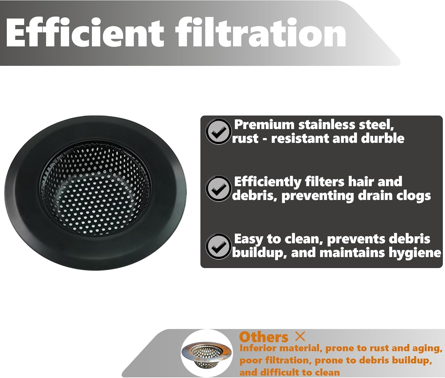 2 Pack Kitchen Sink Strainer - 11.3Cm Wide Rim Stainless Steel Drain Catcher - Fits 7Cm Drain Hole (Standard AU Sinks) - Anti-Clog Food Waste Filter & Rustproof (Matte Black) - Matte Black image number 3