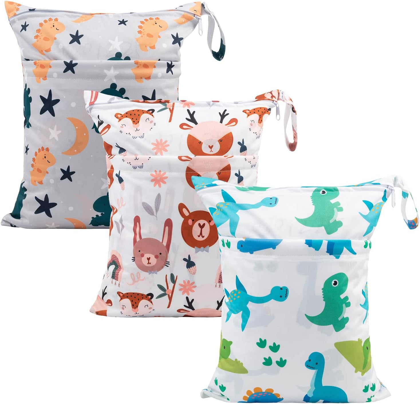 Babygoal Wet Dry Bags for Baby Cloth Diapers, Washable Travel Bags, Beach, Pool, Gym Bag for Swimsuits & Wet Clothes with Two Zippered Pockets 3 Pack, 3LN25