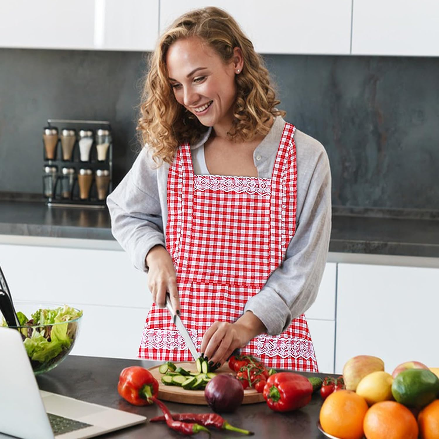 JJYHEHOT Women Classic Vintage Apron, Red and White Gingham Cotton Apron, Home Kitchen Chef Bib, Red image number 5