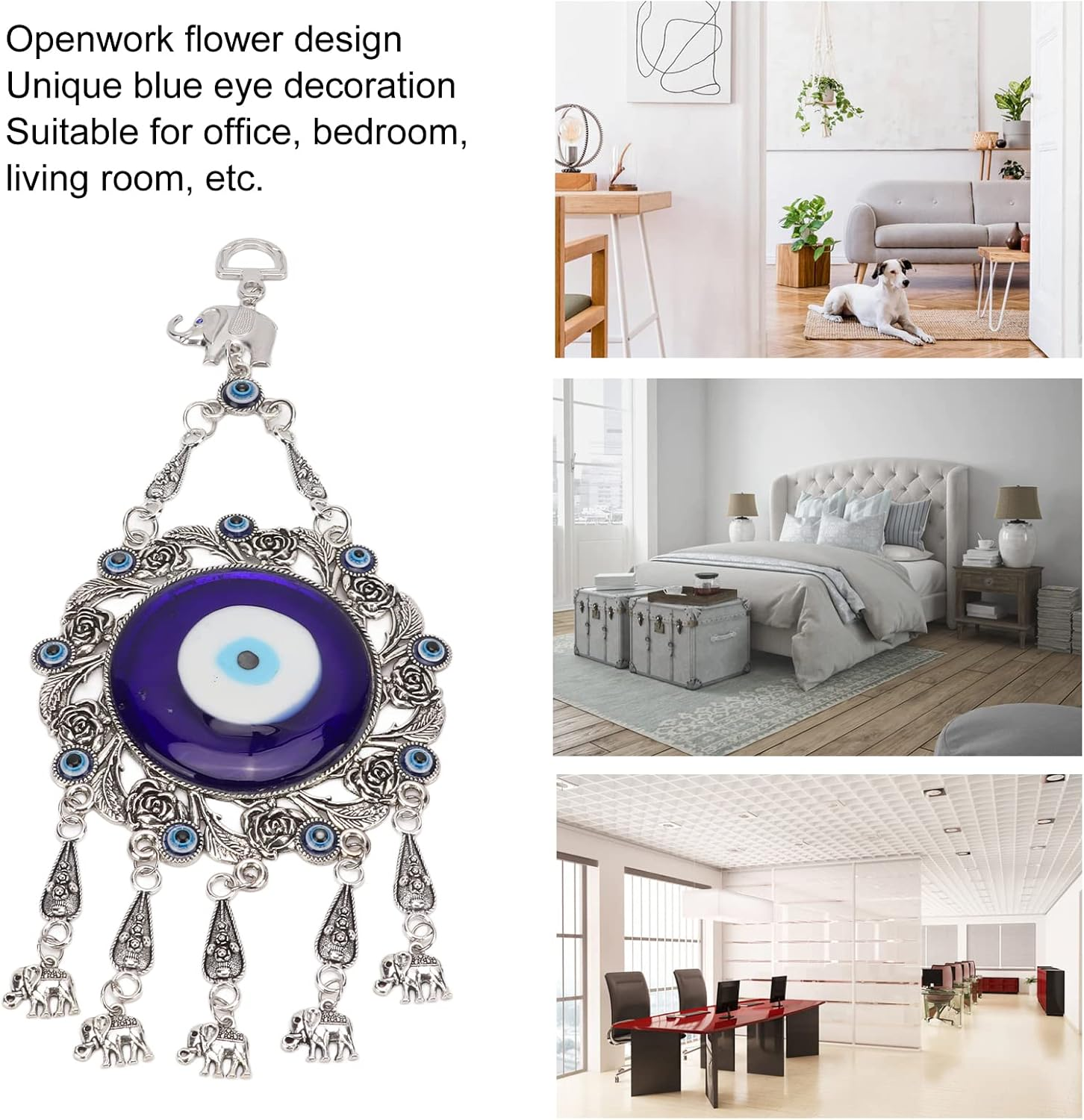 Turkish Glass Blue Evil Eye Wall Hanging Ornament, Hollow Flowers Wall Hanging Amulet, Delicate Blue Glass Metal Home Decor, Evil Eye Decor for Good Luck in the Office, Living Room, Bedroom(2#)