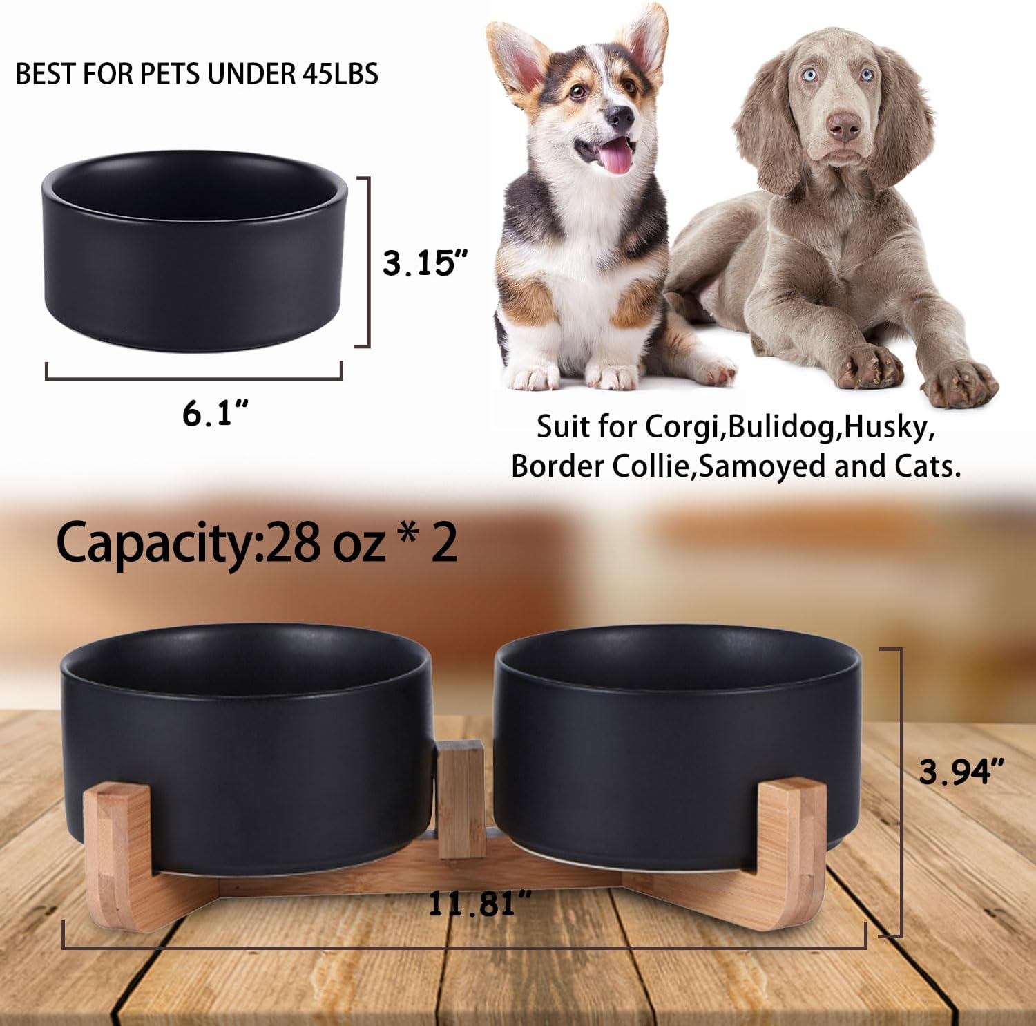 Petygooing Dog Bowls,Black Ceramic Cat Dog Bowl Set with Wood Stand for Pet Food and Water,Non-Slip Cute Modern Pet Dish Set for Cats Small and Medium Dogs (28OZ/6.1 In) image number 4