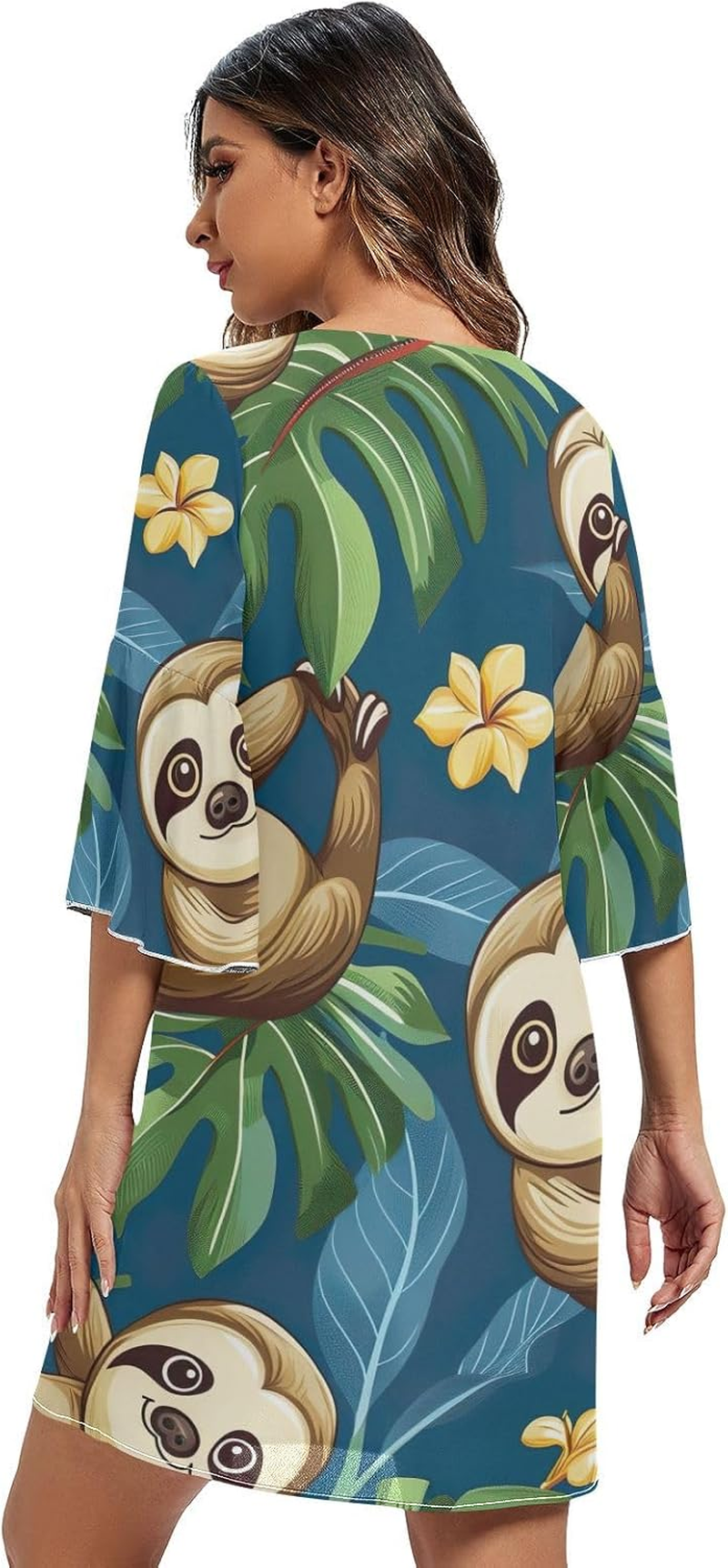 Cute Cartoon Sloth Blue Ladies Chiffon Dress Printed Line Maternity Dress S-XXL image number 5
