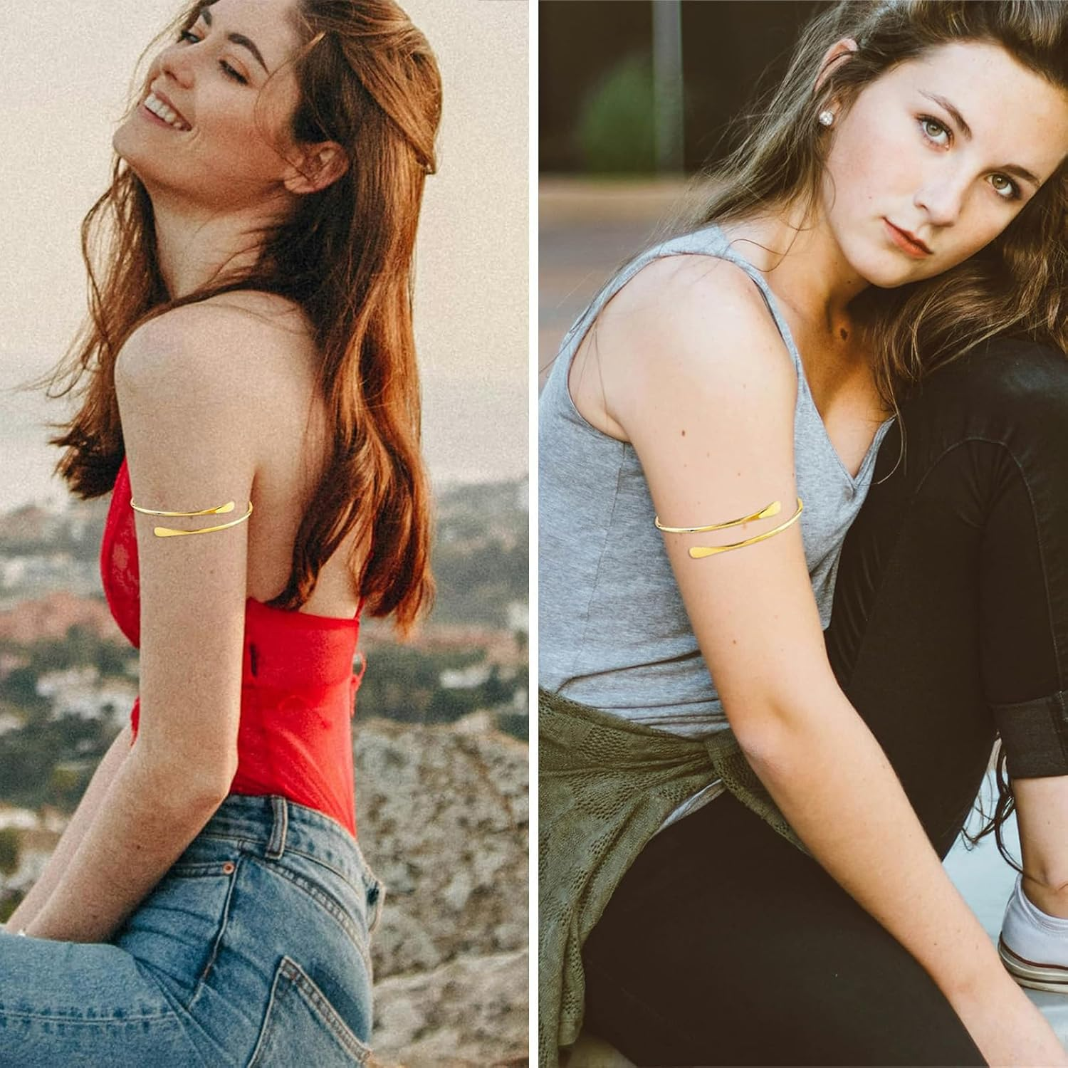 ZKFSIE 4 Pcs Gold Arm Cuff Set, Adjustable Upper Arm Cuff for Women, Stylish Jewelry for Everyday Wear and Special Occasions, One Size, Bronze, Agate image number 4