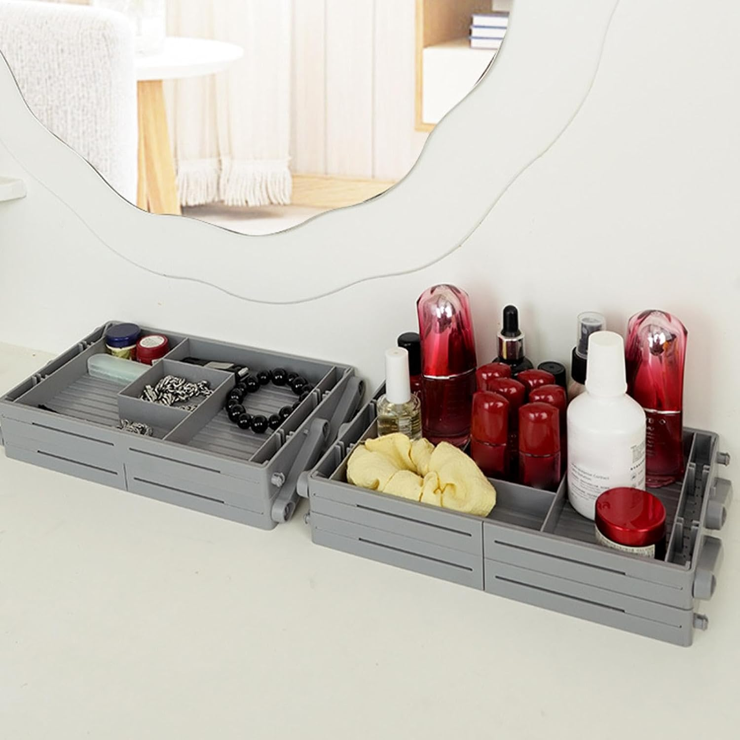 Expandable Drawer Organizer, Nightstand Vanity Desk Jewelry Cosmetic Divider, Foldable Makeup Desk Storage Holder, Space-Saving Solution, Sturdy ABS Material